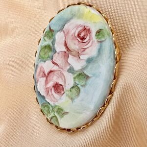 MCM Hand-painted Victorian Revival Porcelain Brooch Pink Roses Gold Filigree